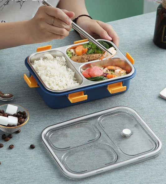 لانش بوكس استلس من الداخل مقسم محكم الغلق مزود بمعلقه استلس + 2 عود طعام استانليس