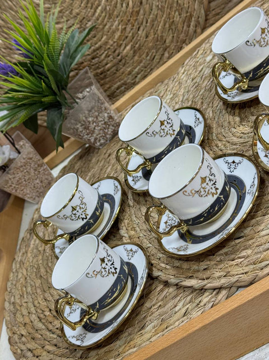 طقم قهوة بورسلين 6 قطعة أبيض فى جولد مجزع مربيل اسود مستورد