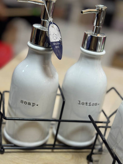 طقم موزع صابون سائل وغسول البورسلين مع حامل معدني، أبيض، تصميم متموج