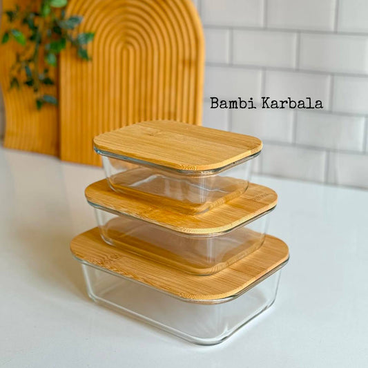 طقم علب ثلاجة بيركس غطا خشب بامبو