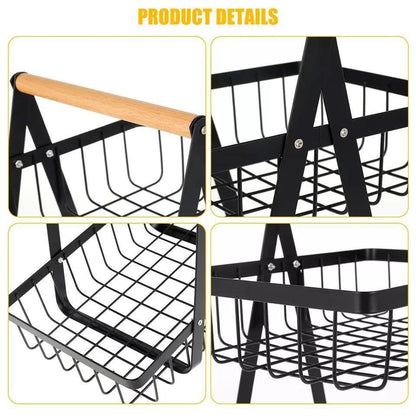 حامل وسلة بطبقتين قابل للفصل مصنوع من الستانلس ستيل عالي الجودة باللون الأسود، مثالي لتنظيم الفواكه والخضروات والخبز والوجبات الخفيفة في المنزل