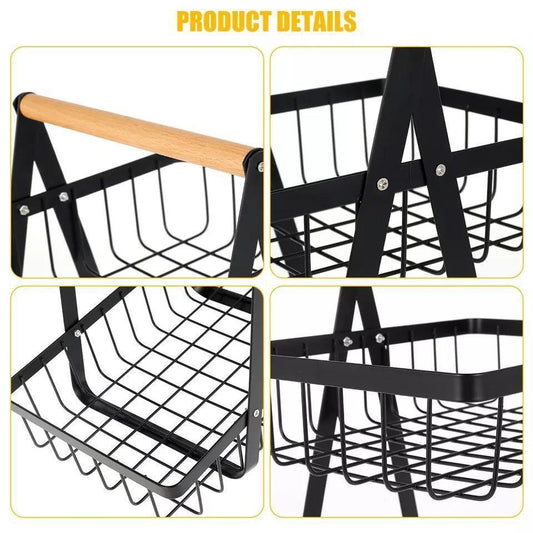 حامل وسلة بطبقتين قابل للفصل مصنوع من الستانلس ستيل عالي الجودة باللون الأسود، مثالي لتنظيم الفواكه والخضروات والخبز والوجبات الخفيفة في المنزل