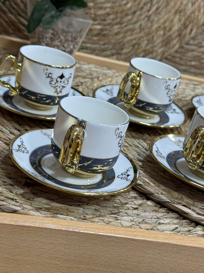طقم قهوة بورسلين 6 قطعة أبيض فى جولد مجزع مربيل اسود مستورد