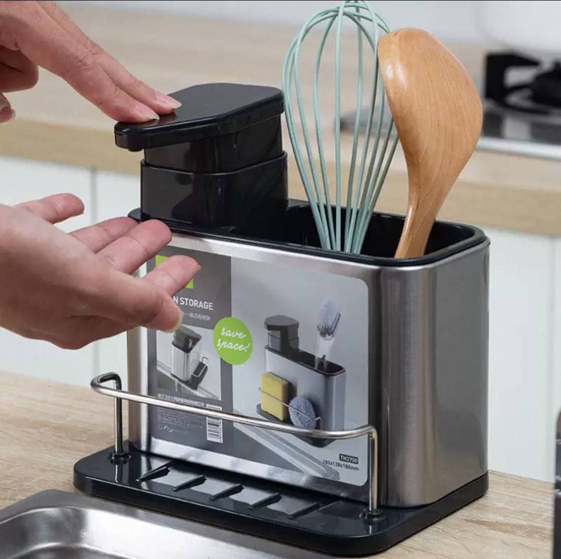 ديسبنسر صابون + منظم معالق + حامل ليف