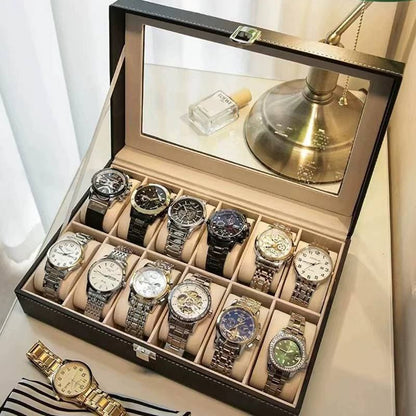 صندوق منظم تخزين للساعات  6 فتحات لعرض الساعات للرجال أسود جلد صناعي