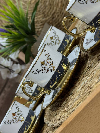 طقم قهوة بورسلين 6 قطعة أبيض فى جولد مجزع مربيل اسود مستورد