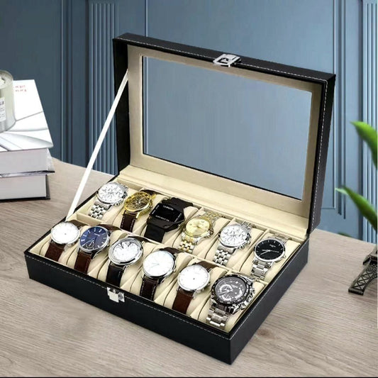 صندوق منظم تخزين للساعات  6 فتحات لعرض الساعات للرجال أسود جلد صناعي