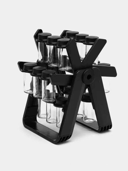 مجموعة رف توابل دوار بزاوية 360 درجة مزود بـ18 برطمان توابل فارغ بسعة 300 مل لكل وعاء،